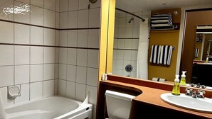Une salle de bain avec une baignoire, des toilettes, un lavabo et un miroir.