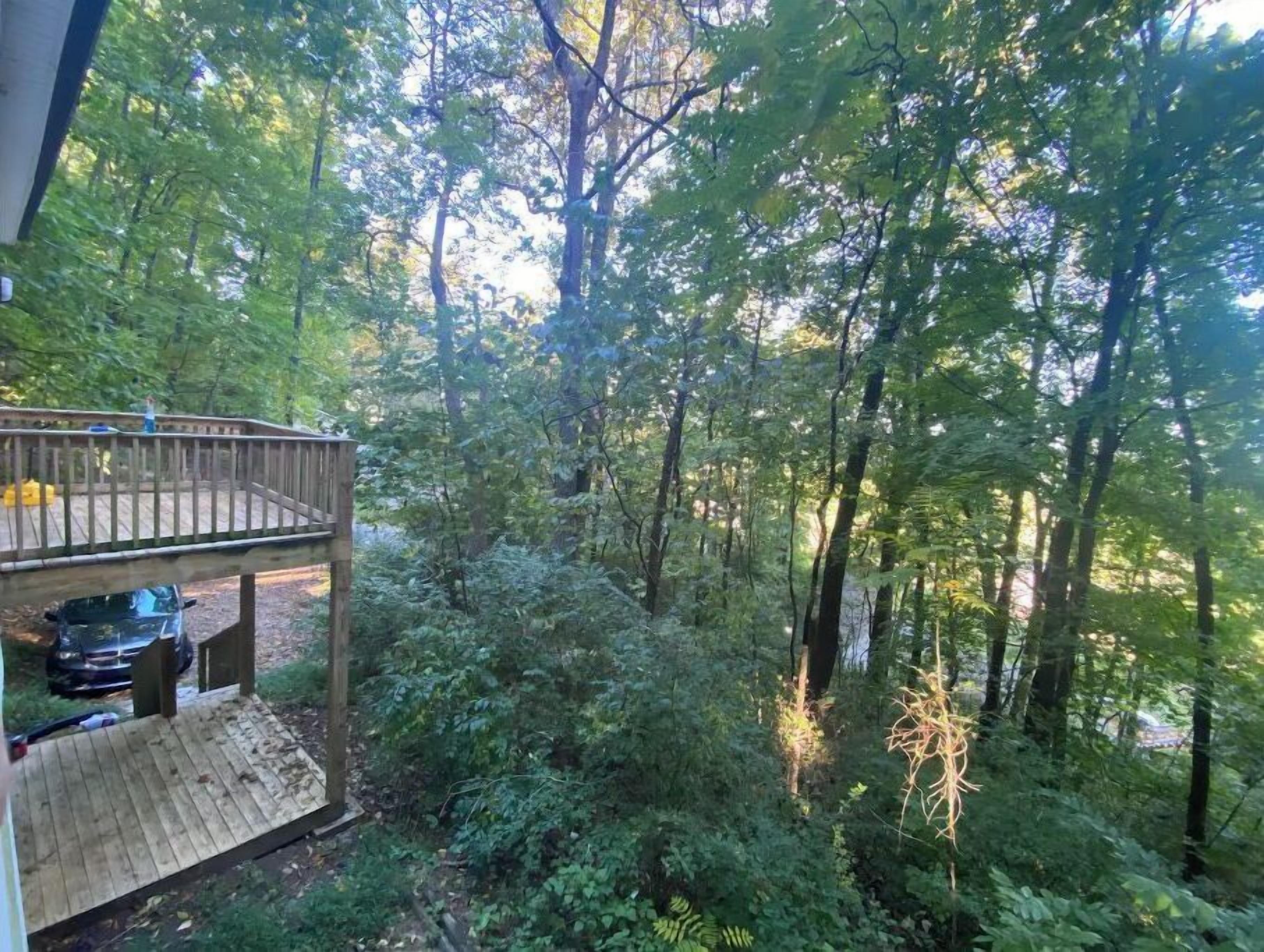 A wooden deck with a view of a forested area.