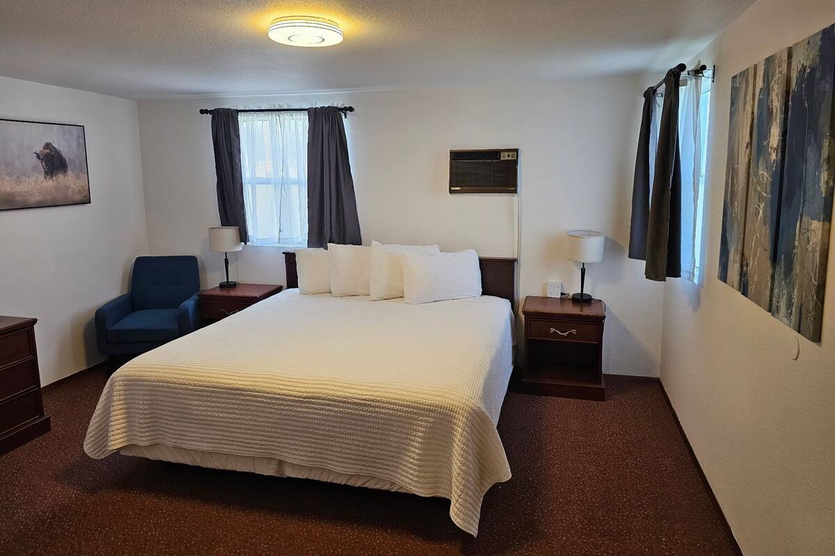 A hotel room with a bed, a chair, two bedside tables with lamps, a window with curtains, a ceiling light, and a painting on the wall.