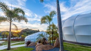 A modern building with a dome structure, surrounded by palm trees and rocks. - Xishuangbanna Visible Zeqi Tent Hotel (Menghai)