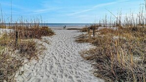 A sandy beach path leading to the ocean with tall grasses on either side. - Family Beachfront Retreat: Walk to Coligny Plaza with Side Ocean Views (Hilton Head Island)