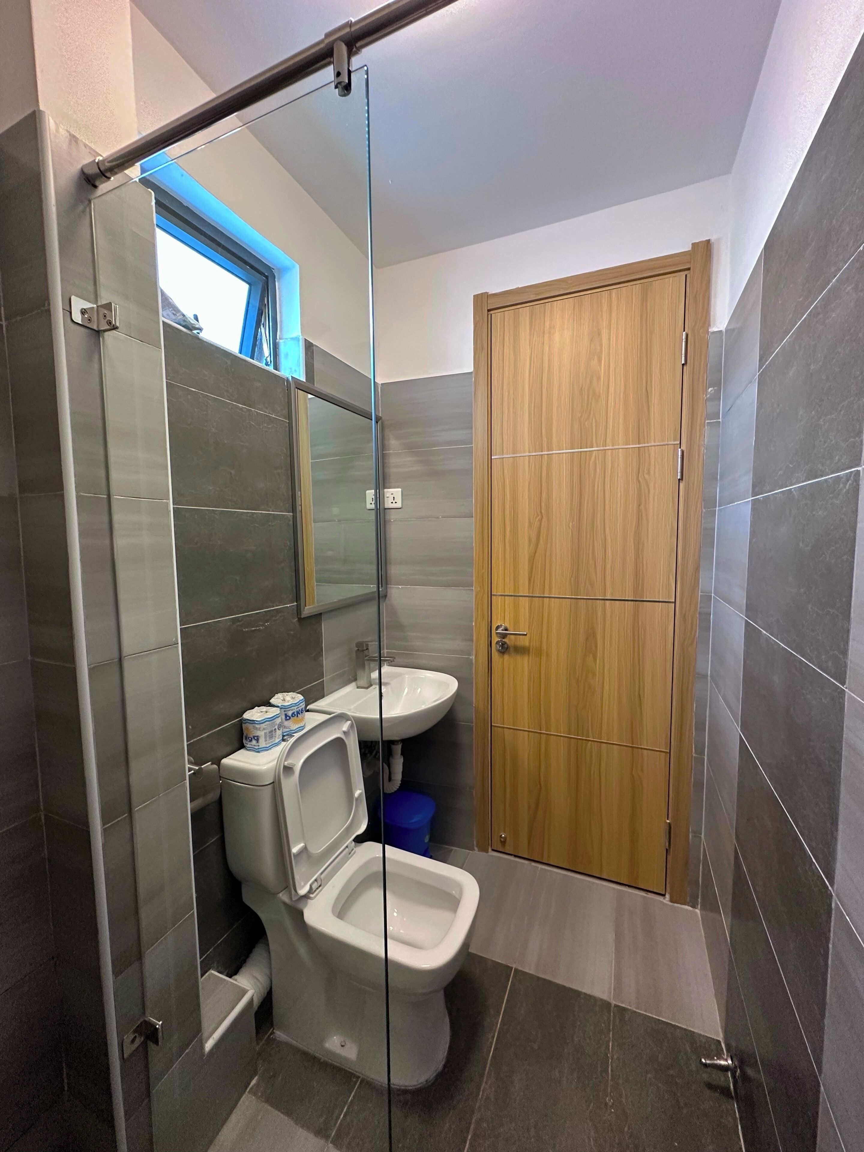 A bathroom with a glass shower enclosure, a toilet, a sink, and a wooden door.
