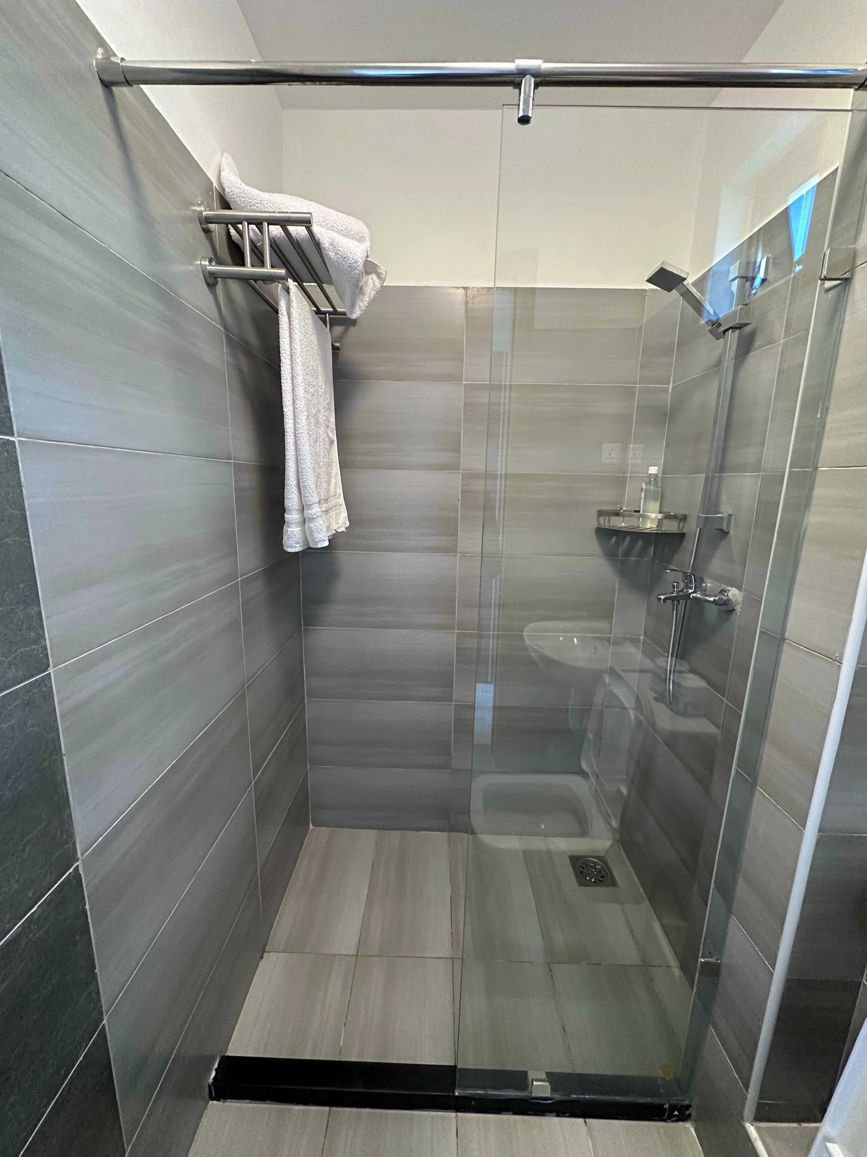 A modern shower stall with a glass door, a towel rack, and a sink.