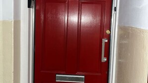Una puerta roja con buzón y manija.
