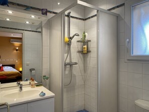 Shower, hair dryer, towels