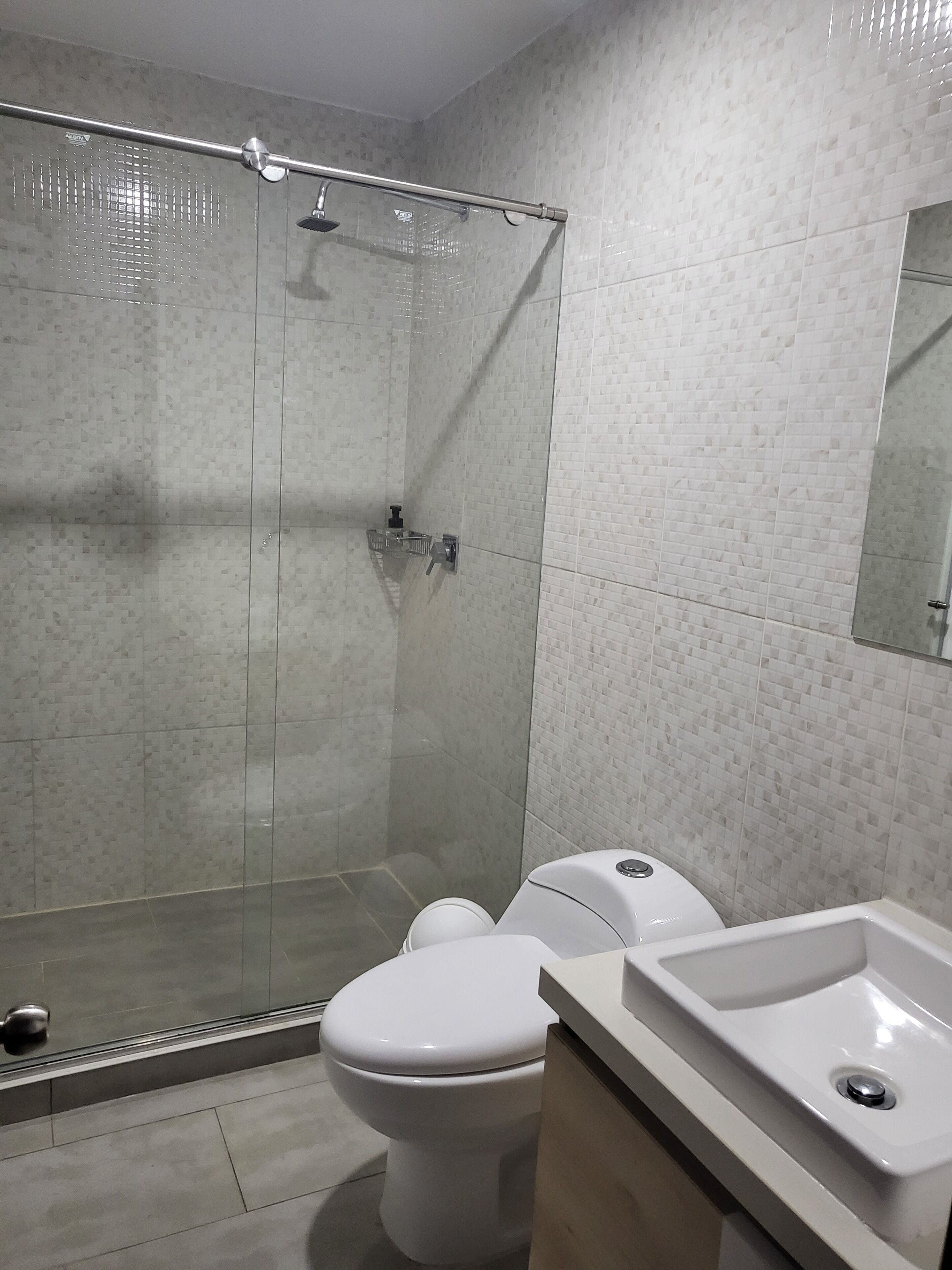 Une salle de bain moderne avec une douche à parois de verre, des toilettes blanches et un lavabo avec un miroir au-dessus.