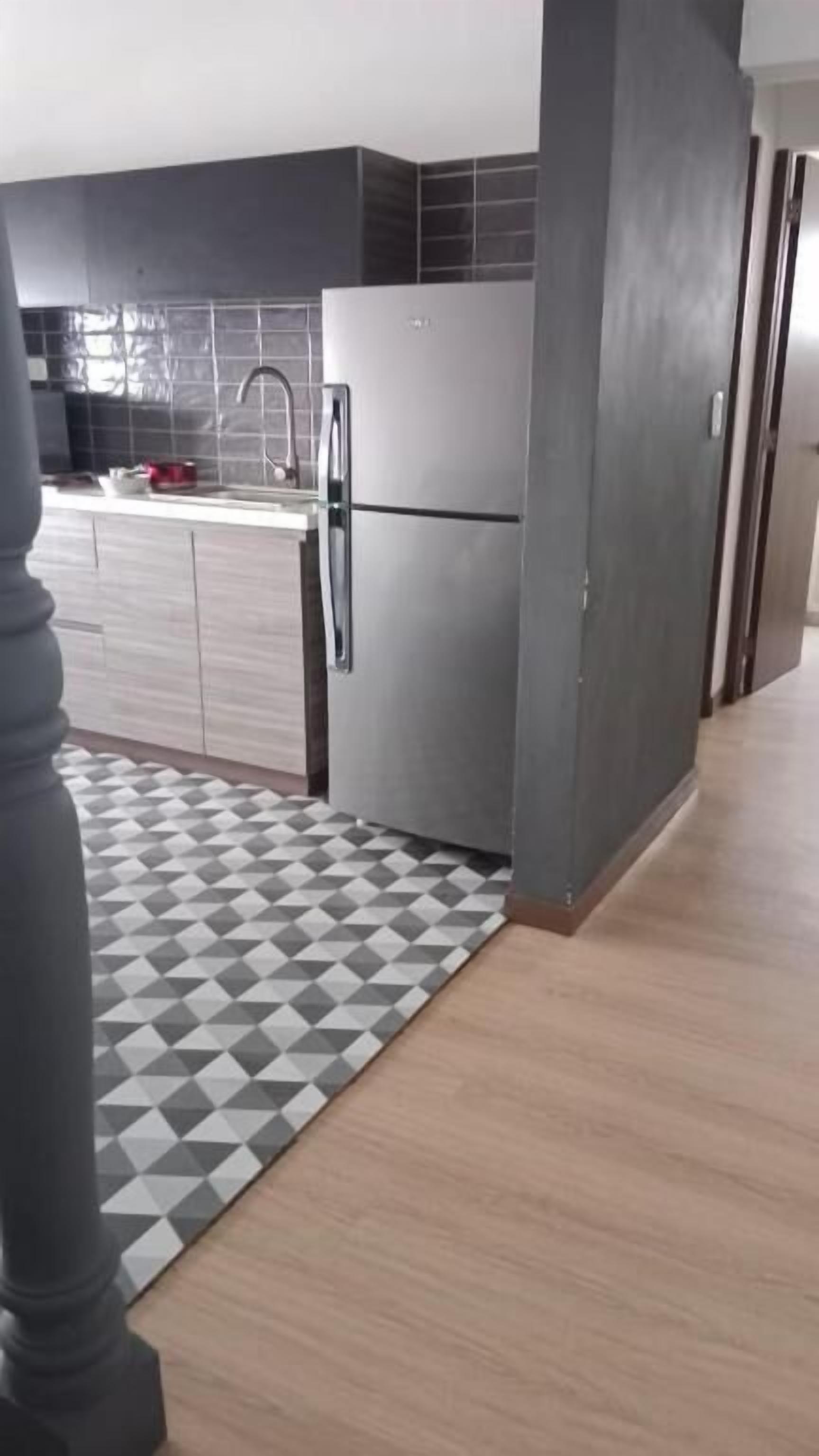 A modern kitchen with a stainless steel refrigerator, a sink, and a patterned rug.