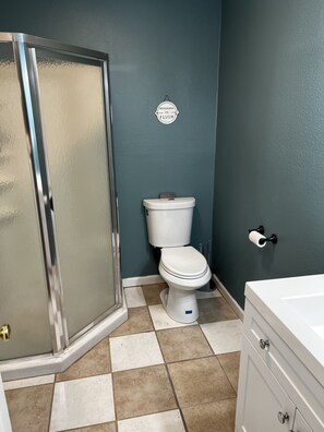 Hair dryer, towels, soap, shampoo