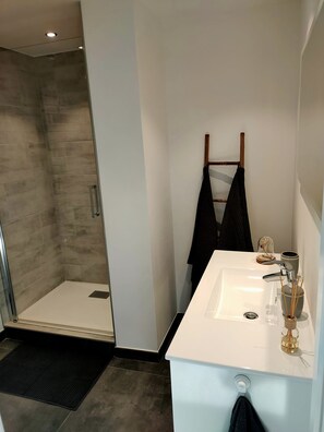 Shower, hair dryer, towels, soap