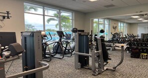 A gym with cardio machines, weightlifting equipment, and a view of palm trees outside.