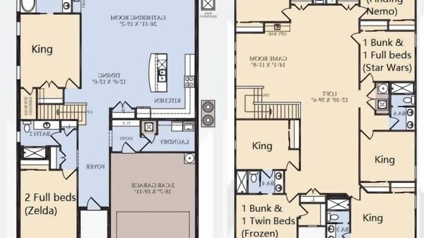 Il s'agit d'un plan d'étage d'hôtel comprenant deux niveaux. Le premier niveau comprend un grand espace de vie, une cuisine, un coin repas et une salle de bain. Le deuxième niveau comprend plusieurs chambres avec différentes configurations de lits et un petit balcon.