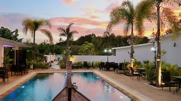 Outdoor pool, pool umbrellas, pool loungers
