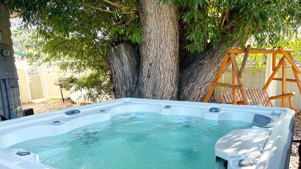 A hot tub with a tree and a wooden ladder nearby. - Dwntwn Custer Farmhouse on Main St. with Hot Tub (Custer)