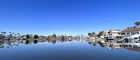 Un puerto deportivo con barcos amarrados, reflejando edificios y palmeras.