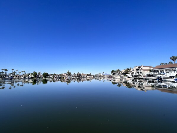 A marina with boats docked, reflecting the buildings and palm trees. - Paradise Home in Discovery Bay minutes to fast water (Discovery Bay)