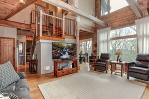 Fernseher, Kamin, DVD-Player, Musikbibliothek