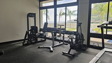 A gym with various exercise equipment, large windows with a view of palm trees and buildings.