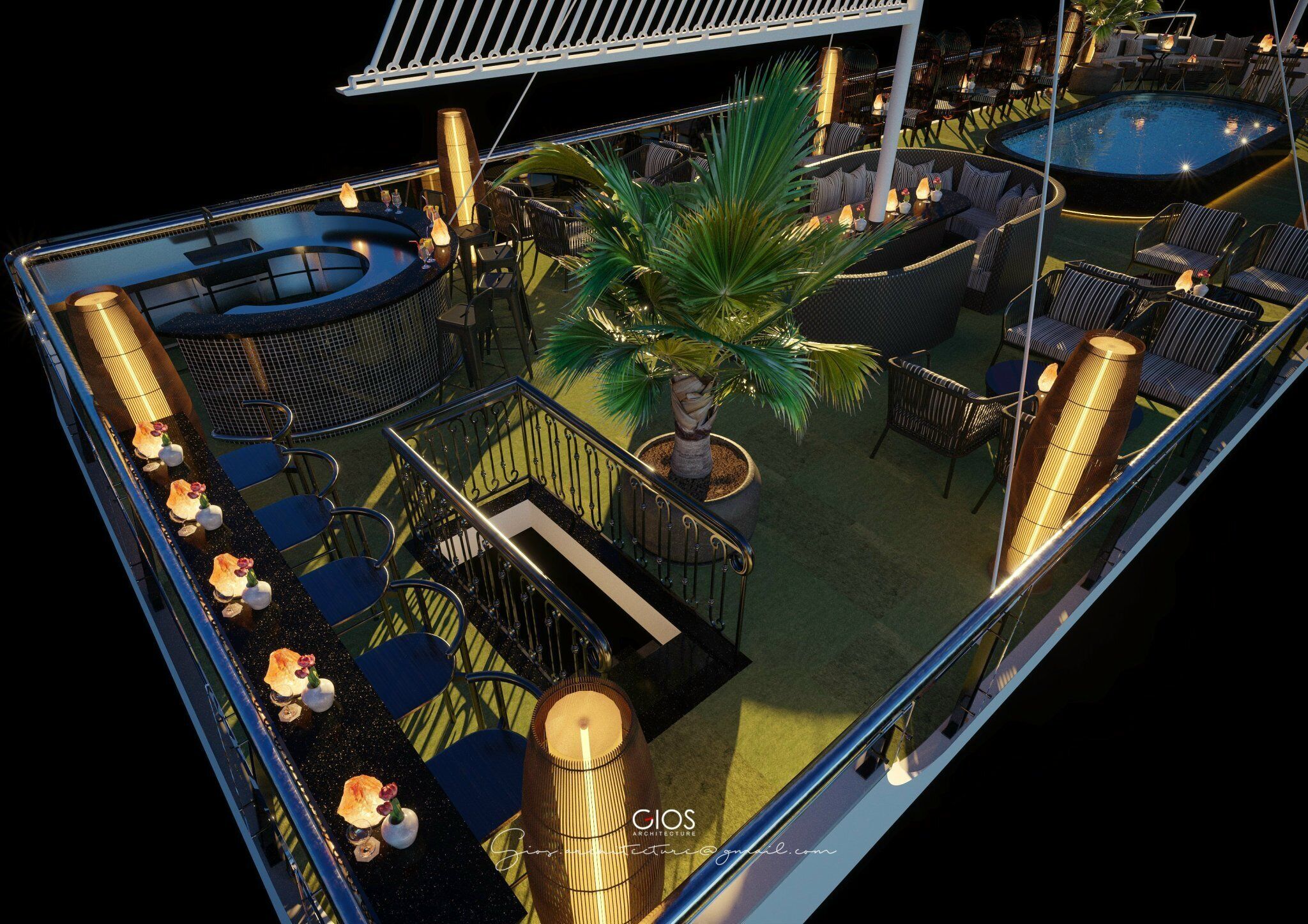 A rooftop bar with a pool, lounge chairs, and a palm tree.