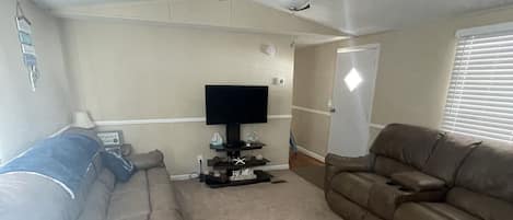 A living room with a beige carpet, two brown leather sofas, a television, and a ceiling fan.