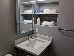 Hair dryer, towels, soap, shampoo