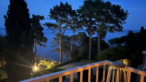 Uma varanda com guarda-corpo, com vista para uma paisagem costeira com árvores e o mar.