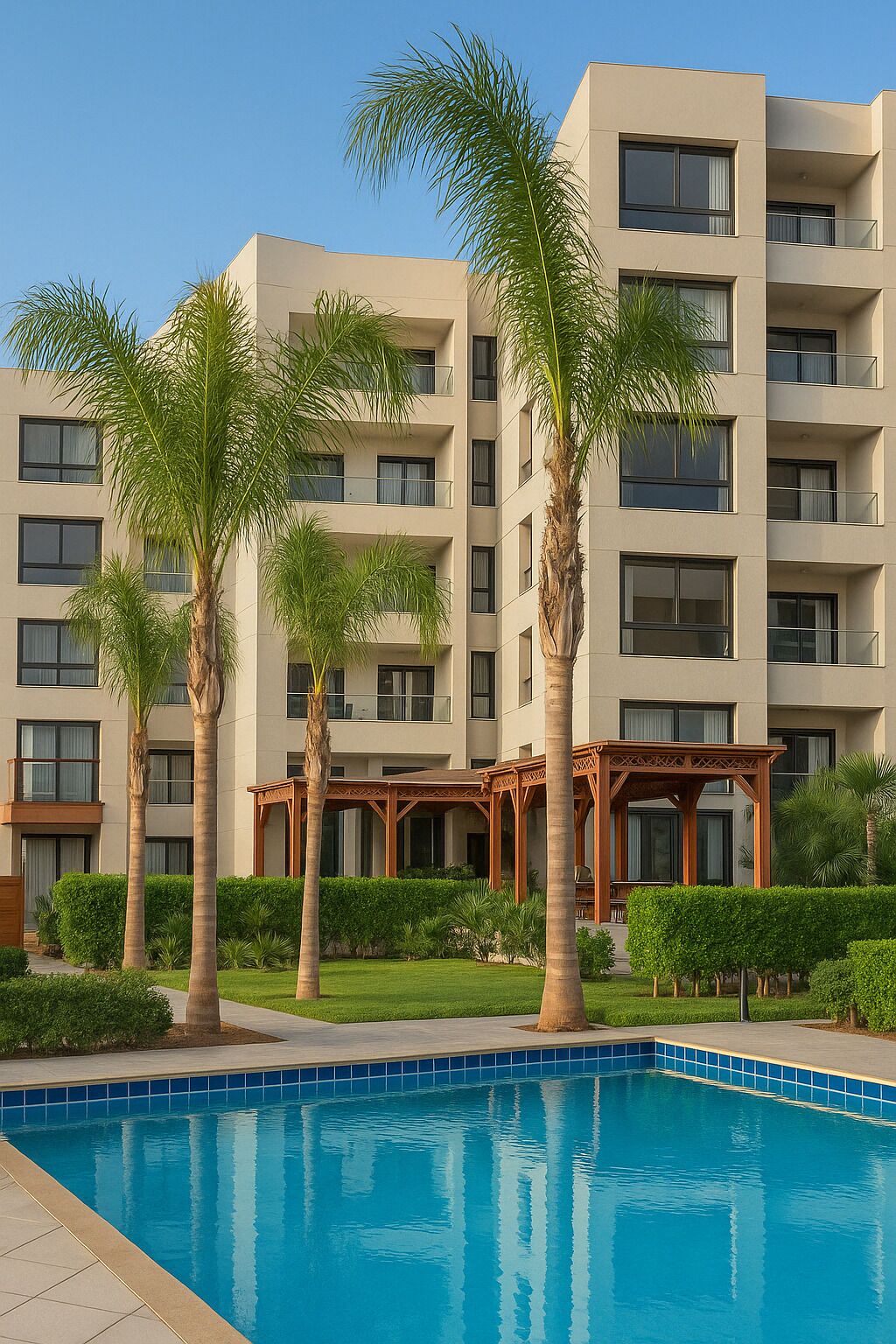 Un hotel moderno con piscina, palmeras y un jardín bien cuidado.