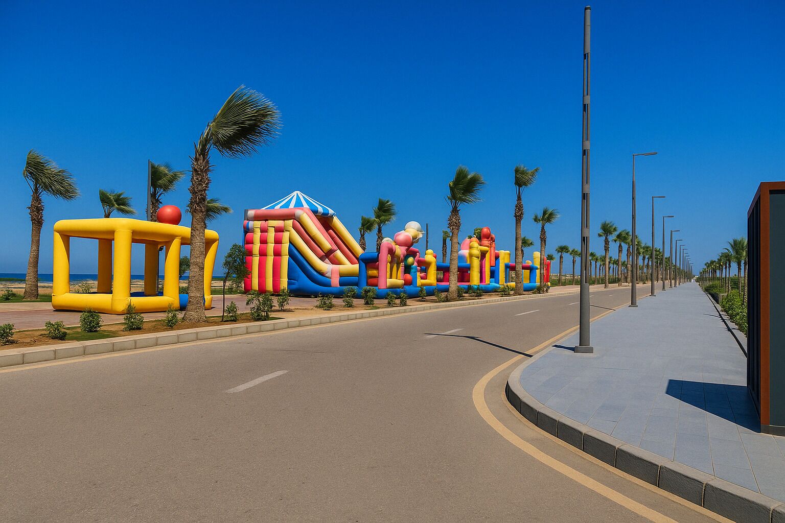 A coastal road with inflatable play structures and palm trees.