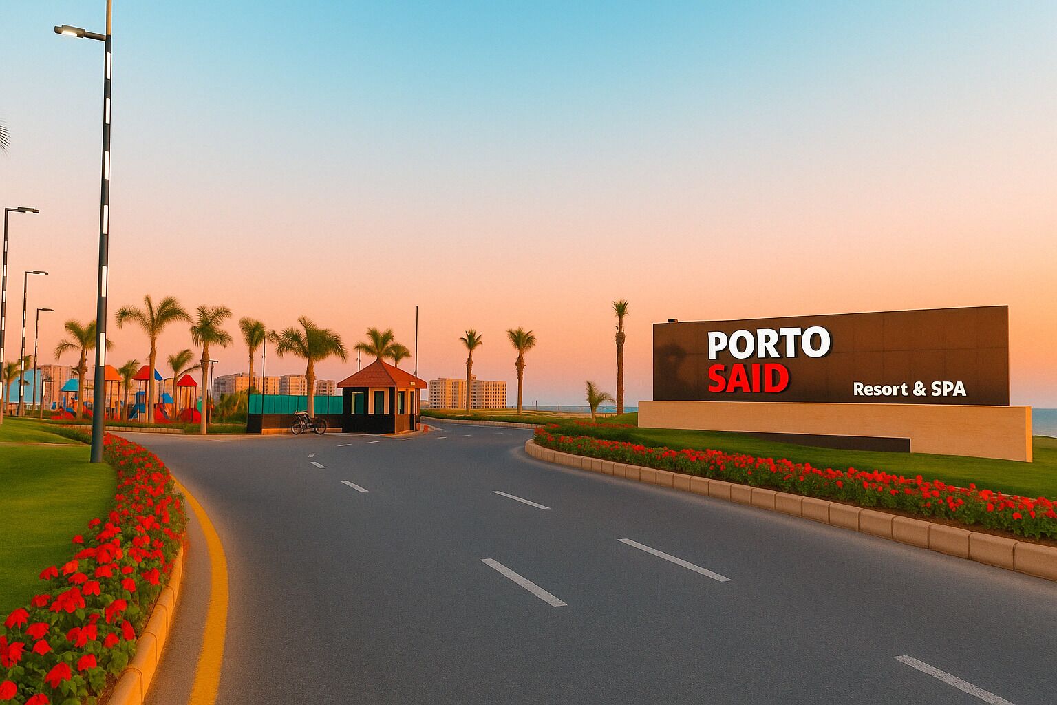 Une route menant à un panneau indiquant le complexe Porto Said Resort & SPA.