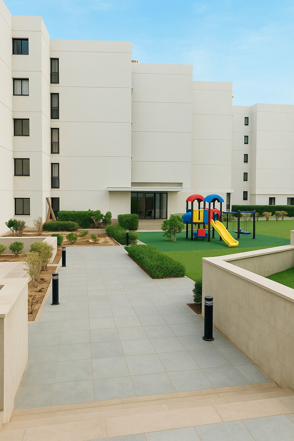 A modern building with a flat roof, a children's play area with a slide, and a well-maintained garden.