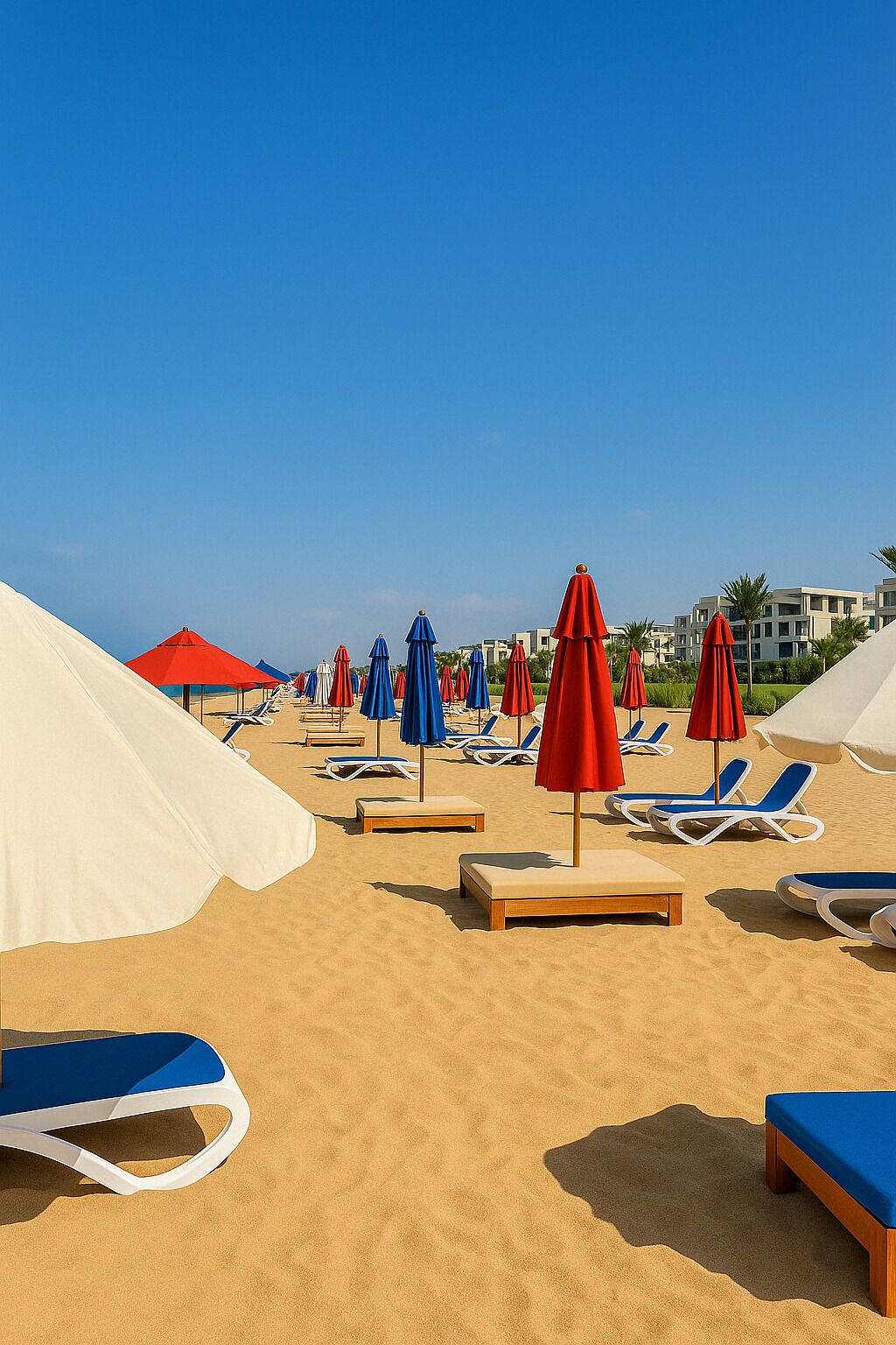 A beach with rows of sun loungers and umbrellas, some with red and blue colors, under clear skies.