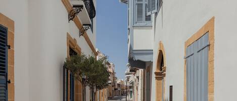 A narrow street with white buildings, blue shutters, and stone paving.