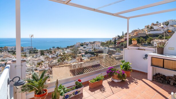 A terrace with potted plants, a view of the sea, and a white railing. - Villa Seaview Punta Lara by Casasol (Nerja)
