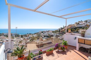 A terrace with potted plants, a view of the sea, and a white railing.