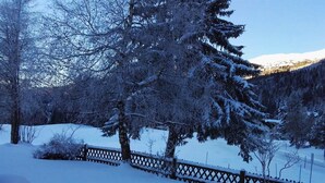 Ett snötäckt landskap med ett trästaket och träd.