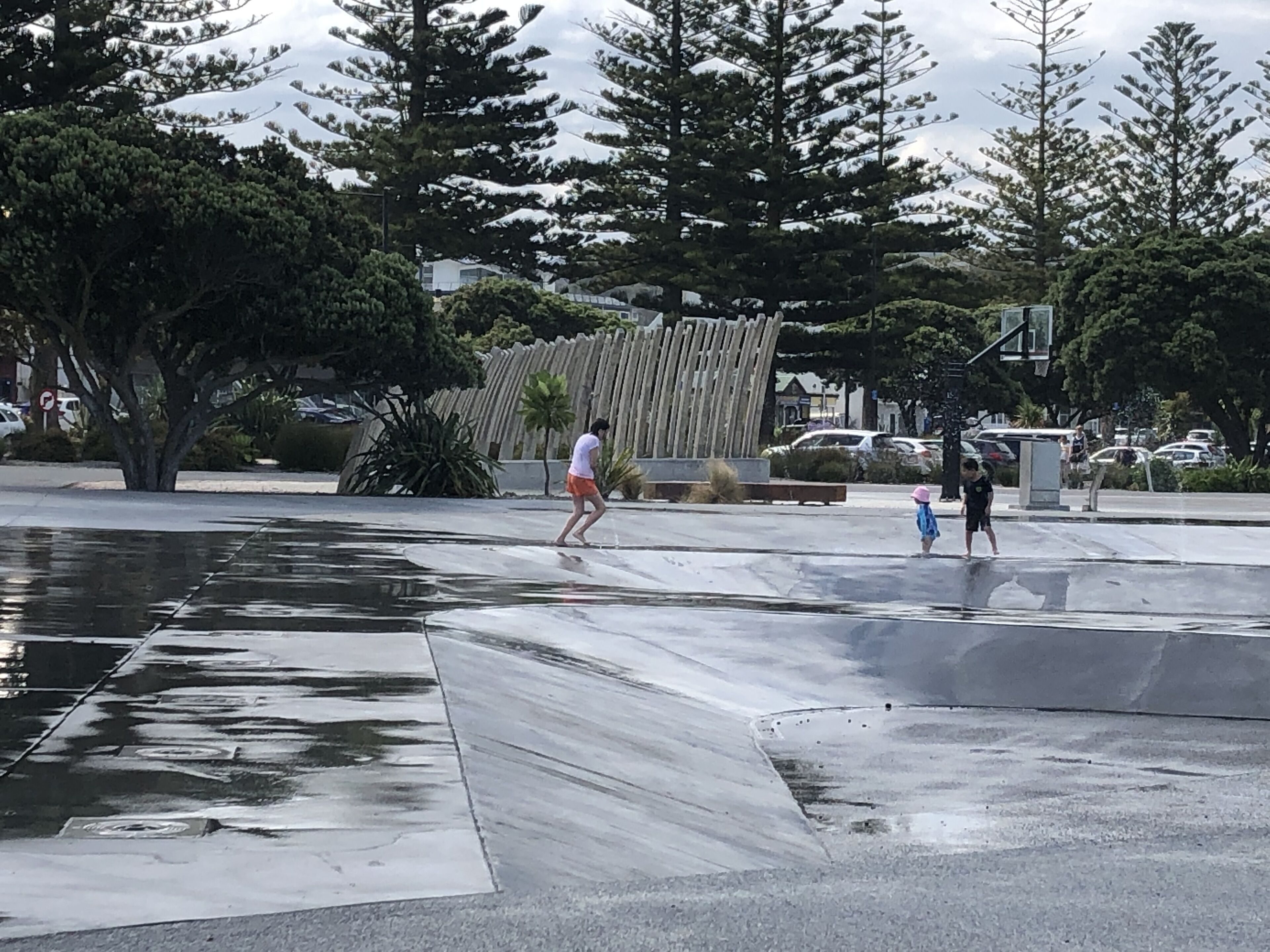 A skate park with a concrete ramp and a water feature.