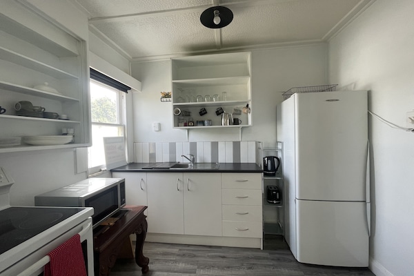 Full-sized fridge, microwave, oven, stovetop