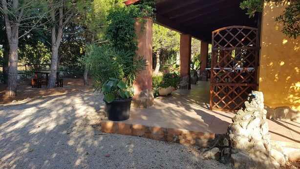 A covered outdoor area with a gravel path, potted plants, and a wooden lattice structure. - Agriturismo La Barca In Secca (Olmedo)