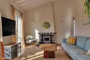 TV connectée, cheminée, livres, chaîne hi-fi