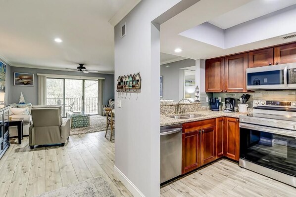 Fridge, microwave, dishwasher, coffee/tea maker