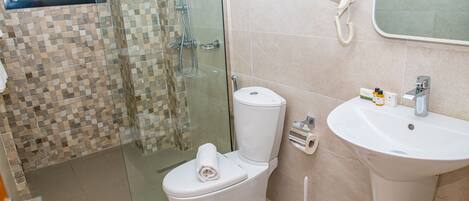 A bathroom with a glass shower enclosure, a toilet, a sink, and a hairdryer mounted on the wall.