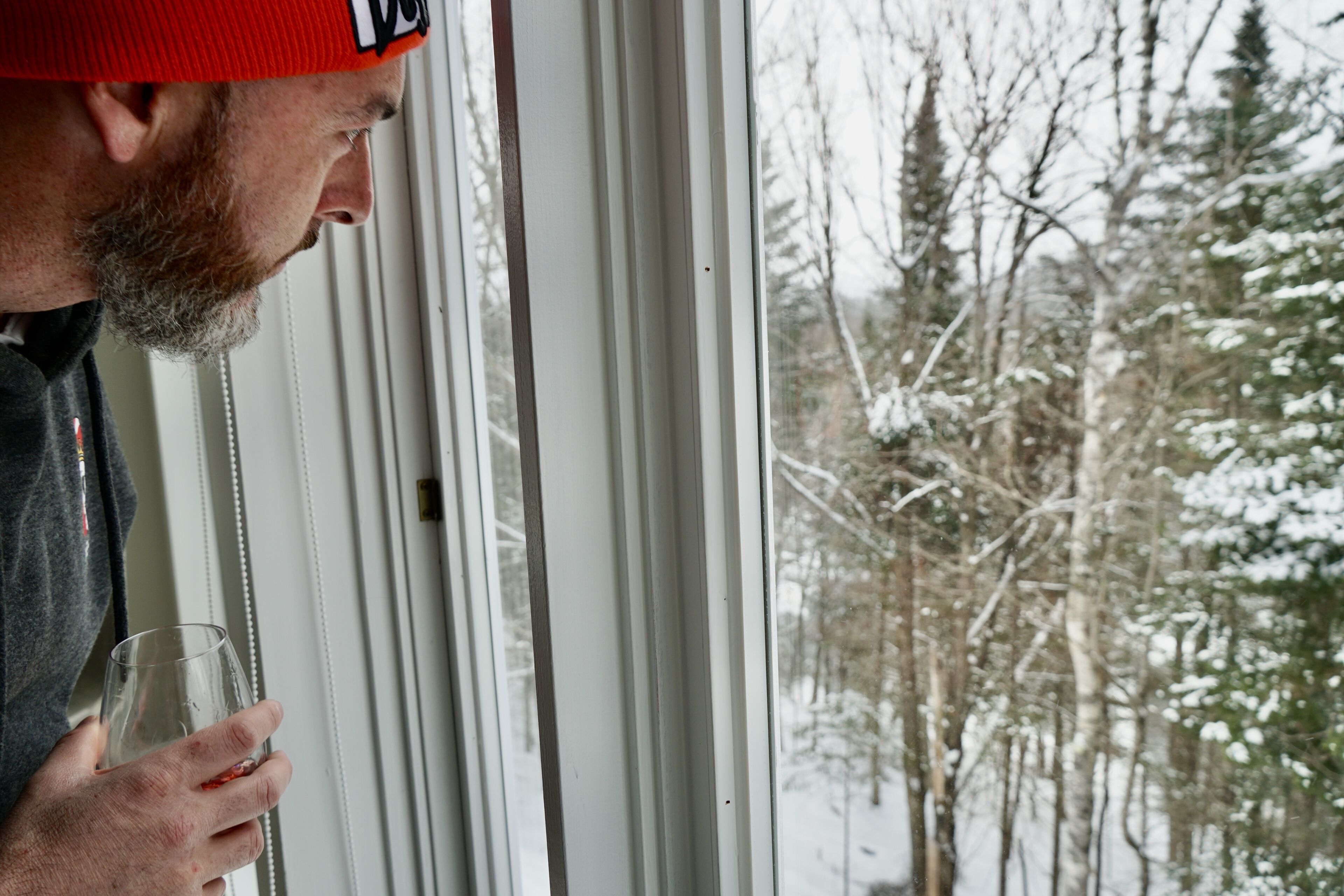 A person holding a glass near a window with a view of snow-covered trees.