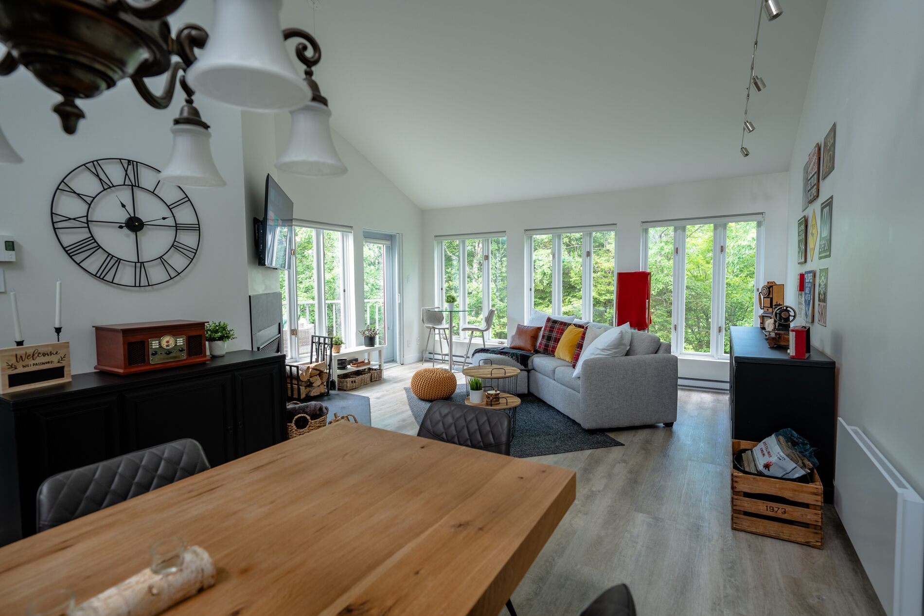 Smart TV, fireplace, video game console, stereo