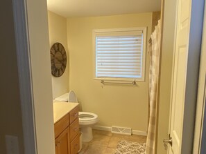 Hair dryer, towels, soap
