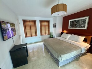 Une chambre à coucher avec un lit, une télévision, un bureau et une fenêtre avec des stores.