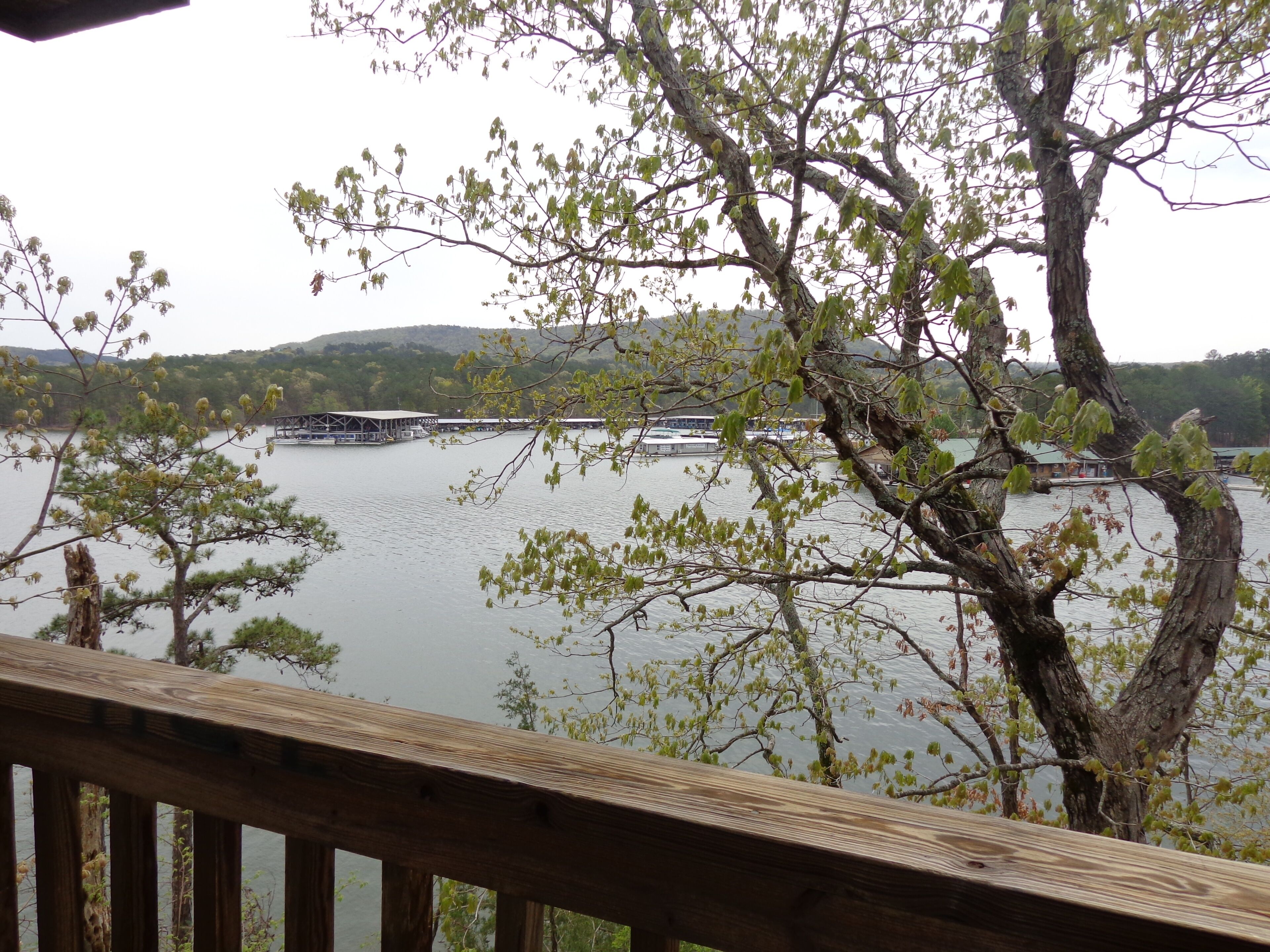 A lakeside view with a wooden deck, a dock, and a building across the water.
