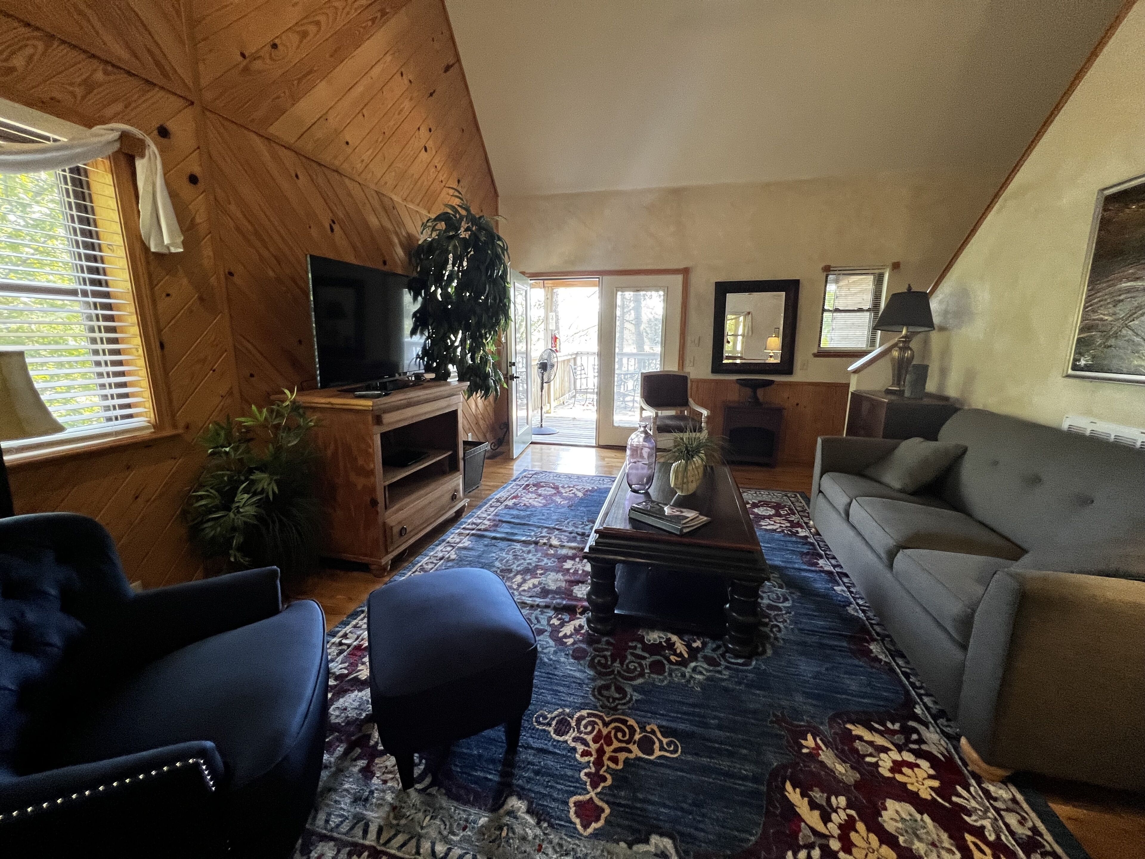 A cozy living room with a wooden ceiling, a television, a sofa, a coffee table, and a patterned rug.