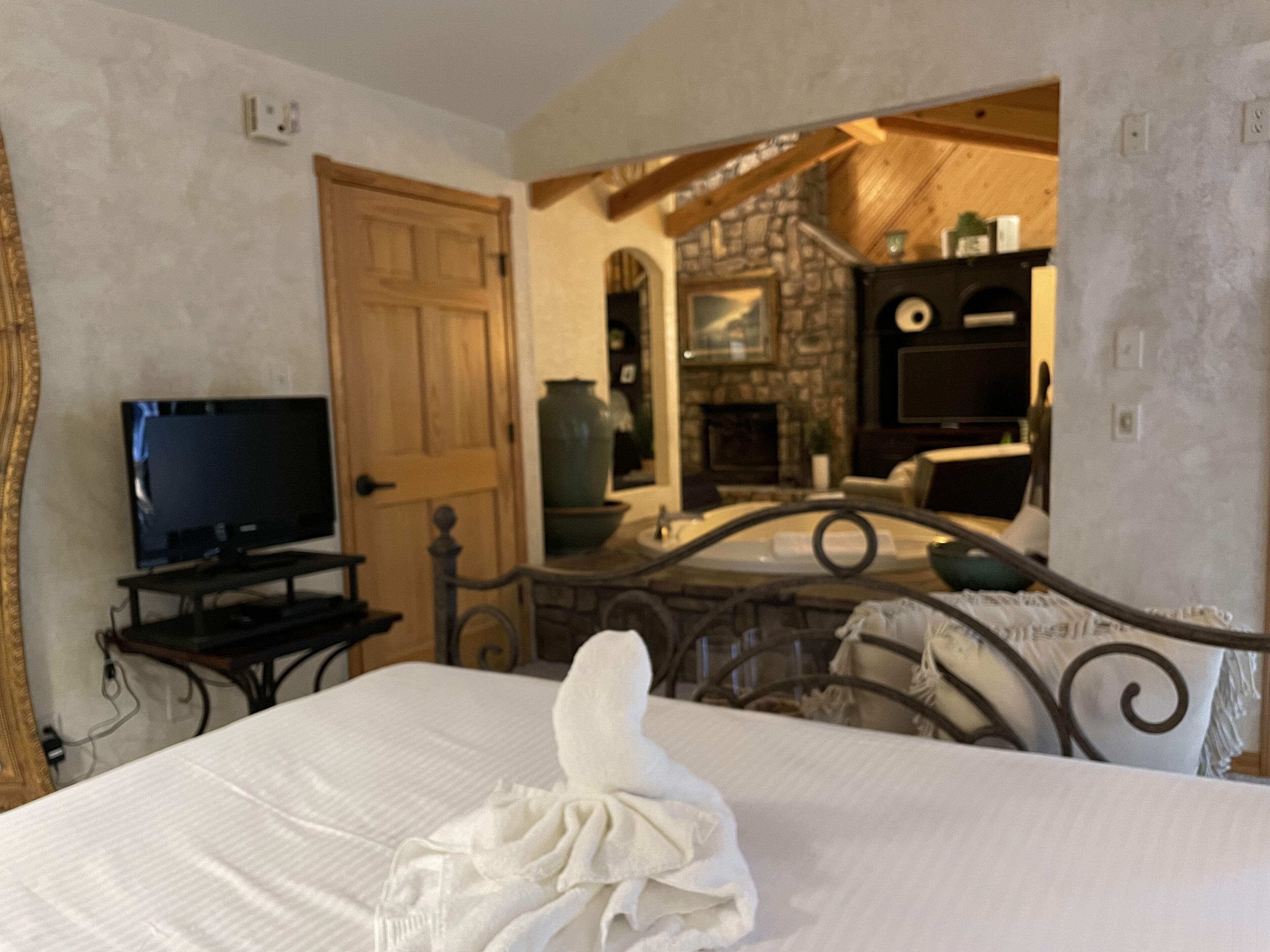A bedroom with a bed, a television on a stand, a wooden door, and a stone wall.