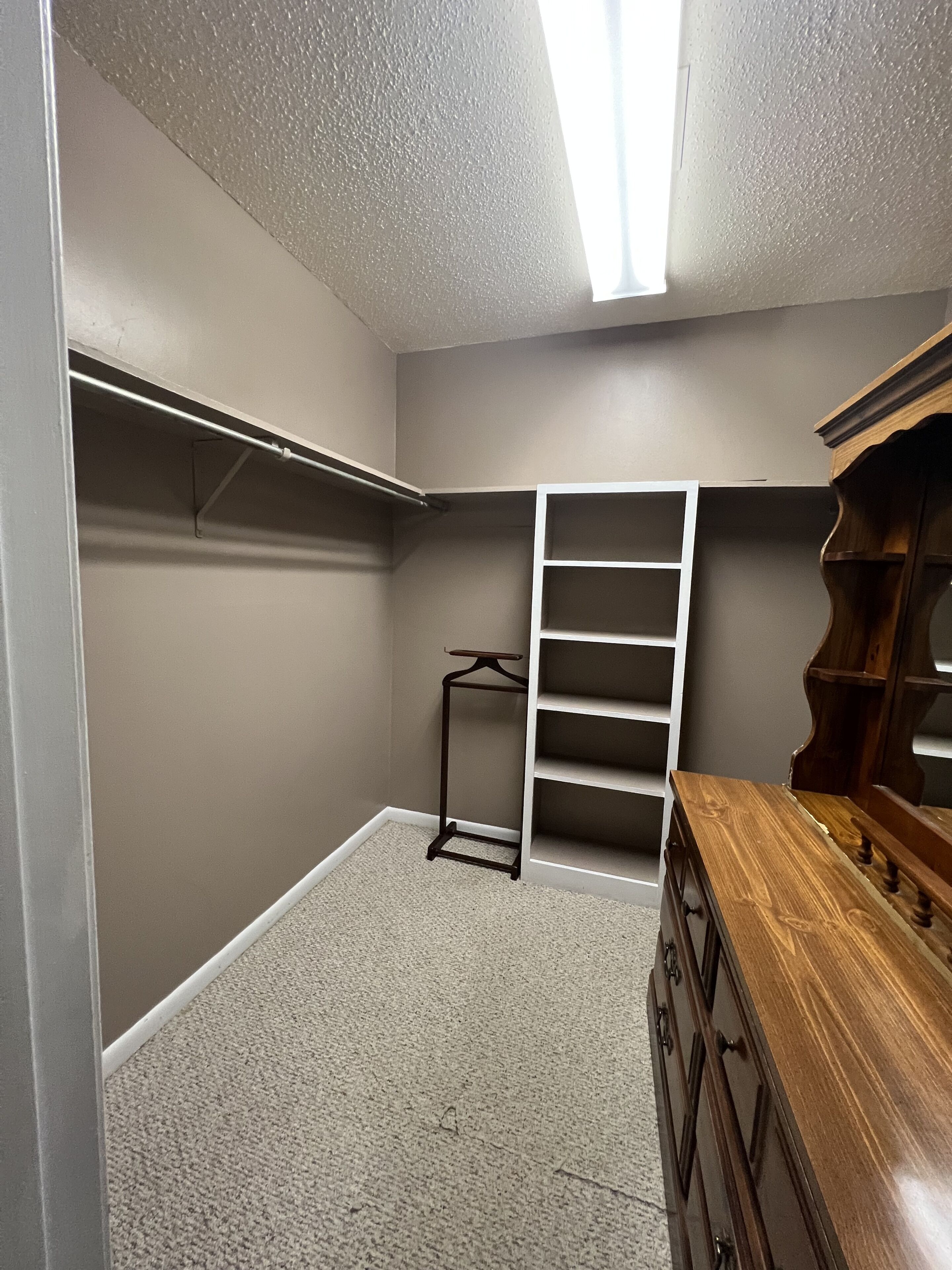 A walk-in closet with a wooden dresser, a white shelving unit, and a hanging rod.