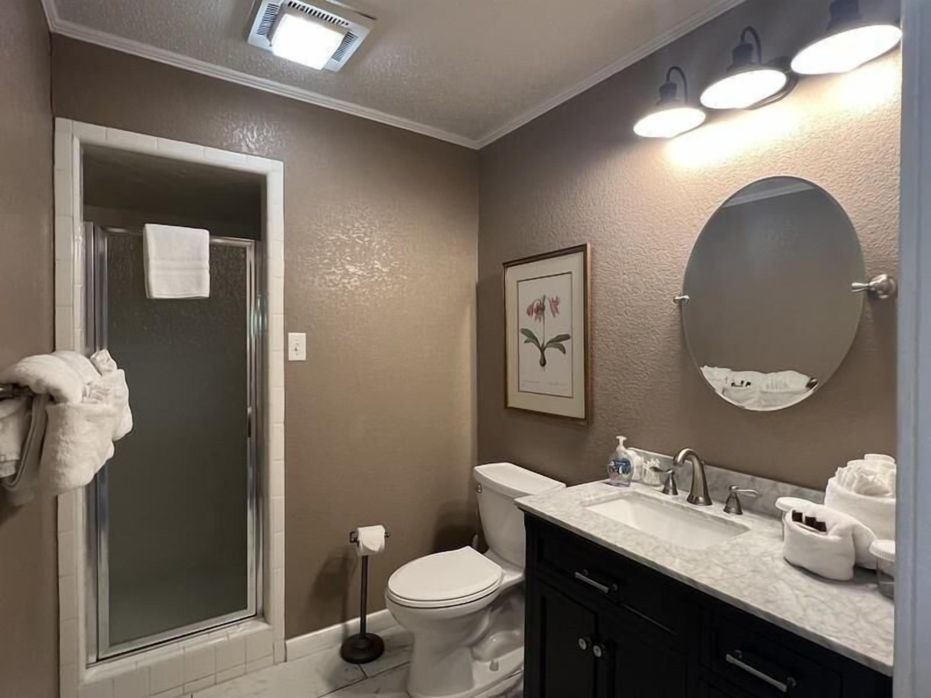 A bathroom with a shower, toilet, sink, and a large mirror.