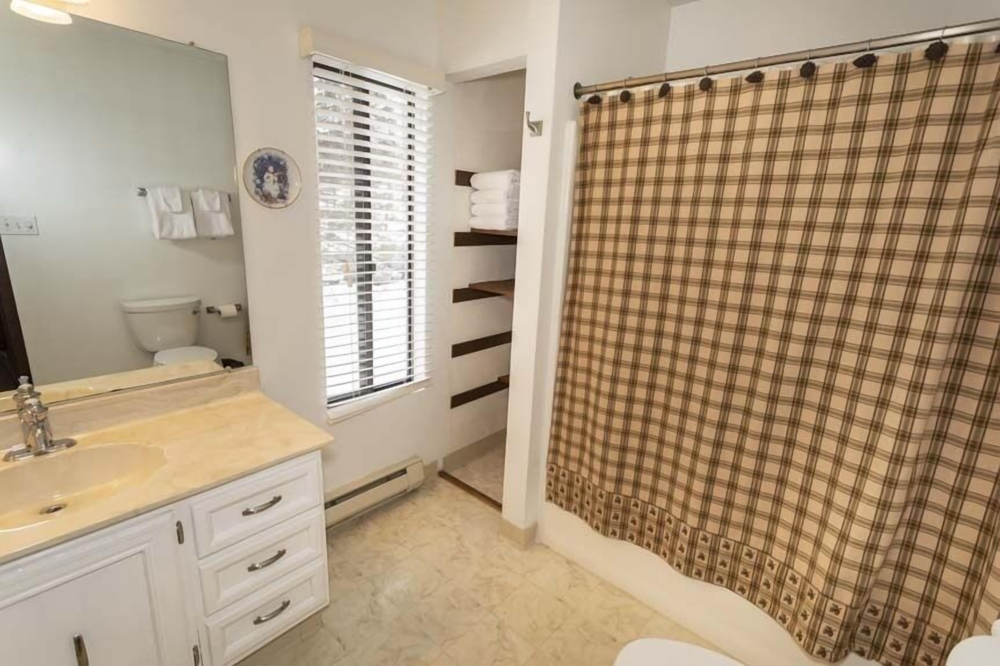 A bathroom with a sink, mirror, toilet, and a shower curtain.